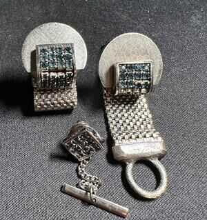 Vintage Cufflinks Tie Tac Set Blue Rhinestone Mesh Wrap Silver Tone retro